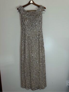 Adrianna Papell Sequin Beaded Floor-Length Evening Gown Champagne with train